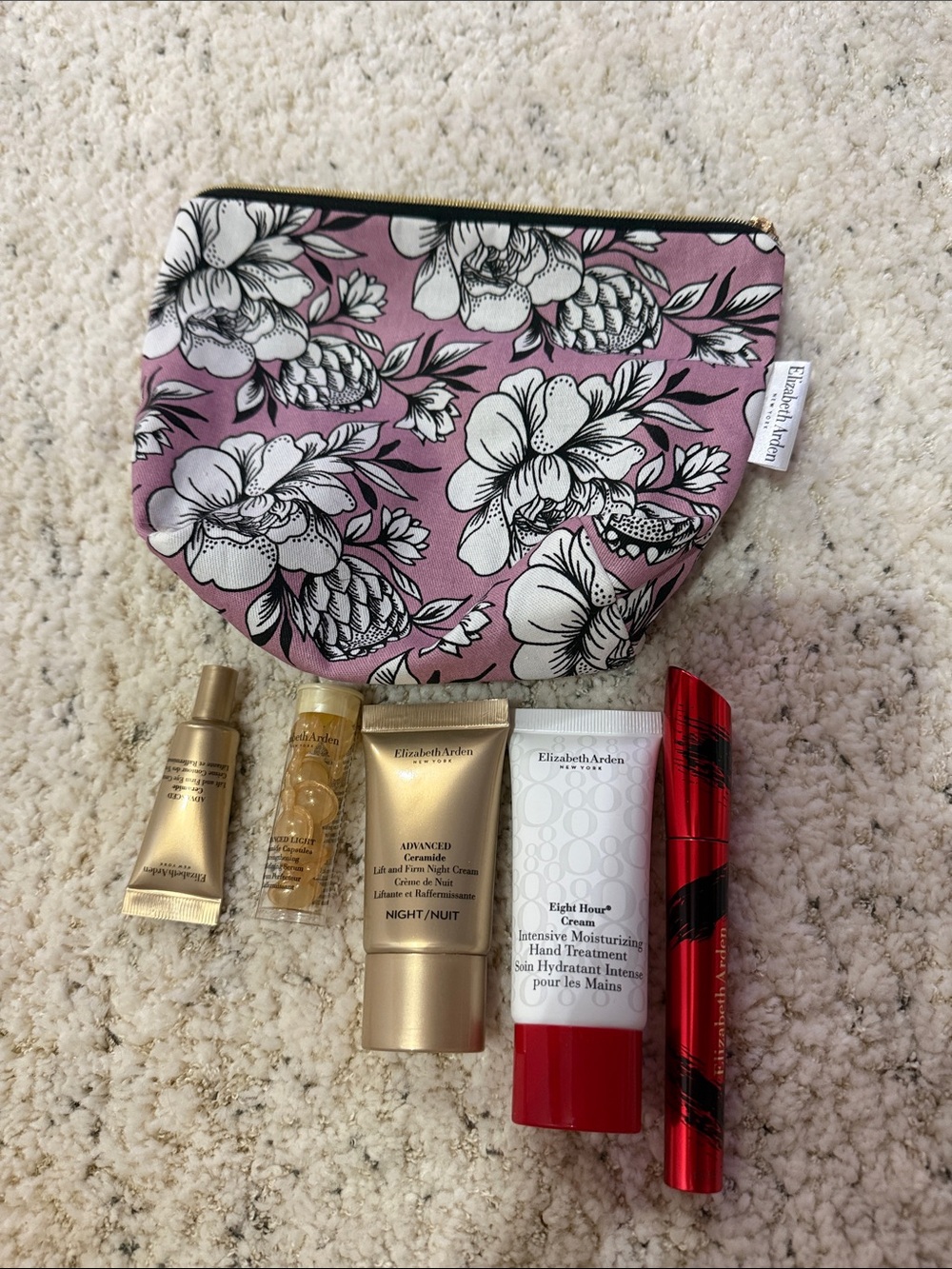 Elizabeth Arden Pink Floral Cosmetic Pouch with Gold-Zip
